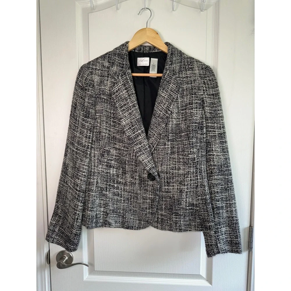 Emma James Liz Claiborne Tweed Blazer Women's 10 BlackWhiteTexturedCareer Jacket